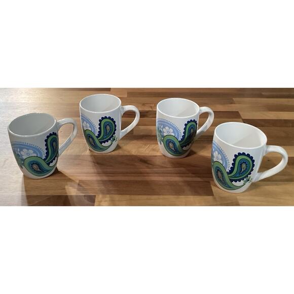 Set of 4 Royal Norfolk Floral Paisley Print Blue & Green Ceramic Coffee Mugs - Picture 3 of 9